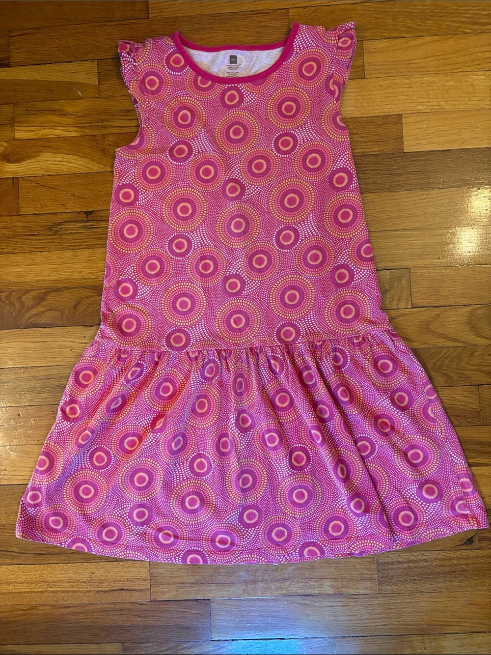 Tea Collection Pink Circle-Print Flutter Sleeve Casual Dress, EUC Size 12